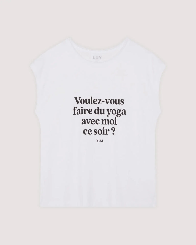 T-shirt en coton blanc "VOULEZ-VOUS ?" YUJ - Maison de pleine conscience